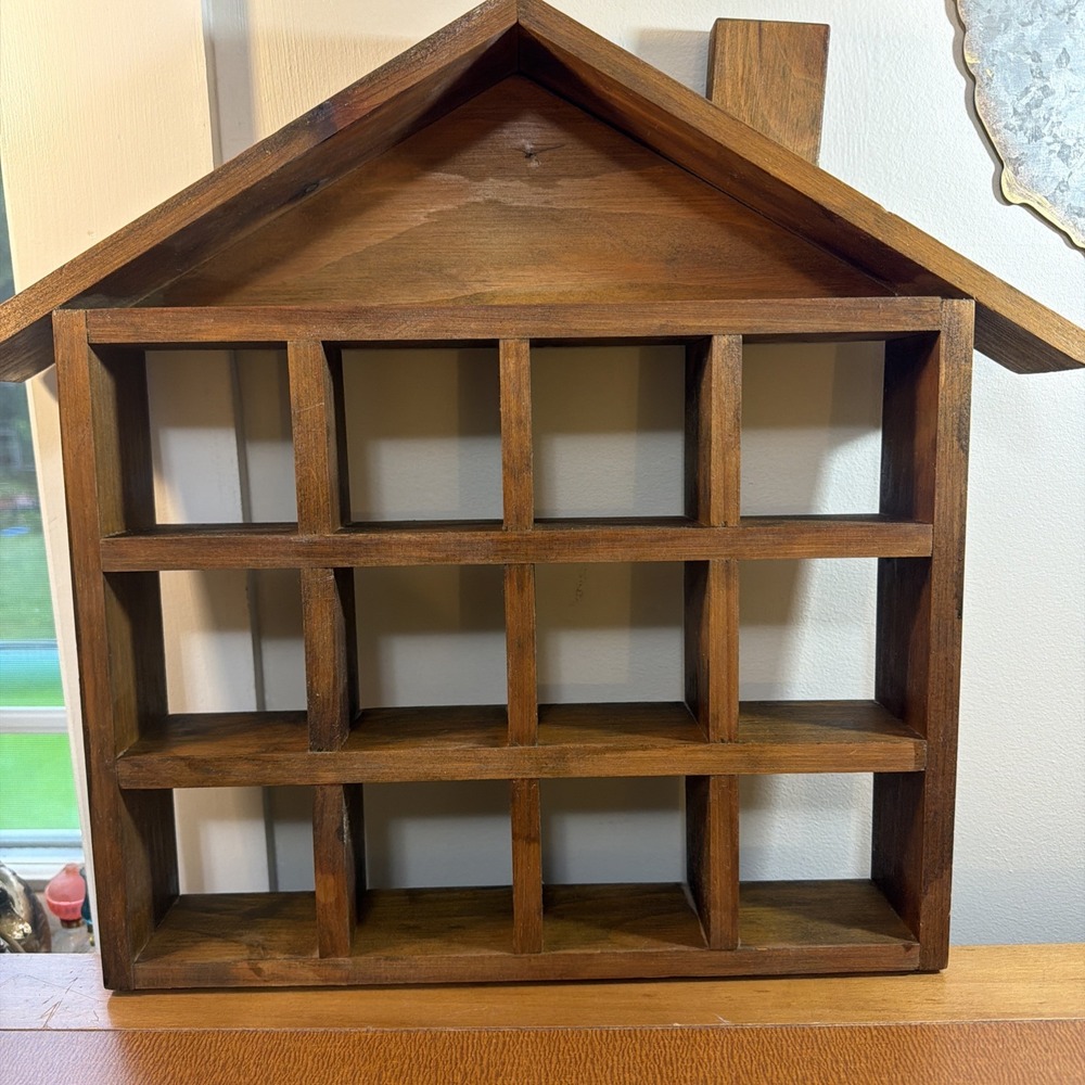 Wood House Shaped Mini Trinket Curio Display Wall Shelf Shadow Box Vintage Decor